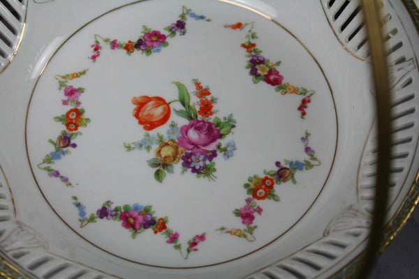 VTG Floral French  Porcelain Center bowl coupe  brass floral deco