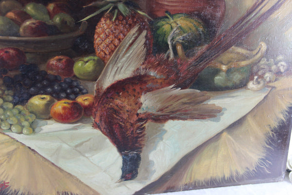 Flemish 1960 OIL CANVAS hunting still life Painting pheasant fruits Table