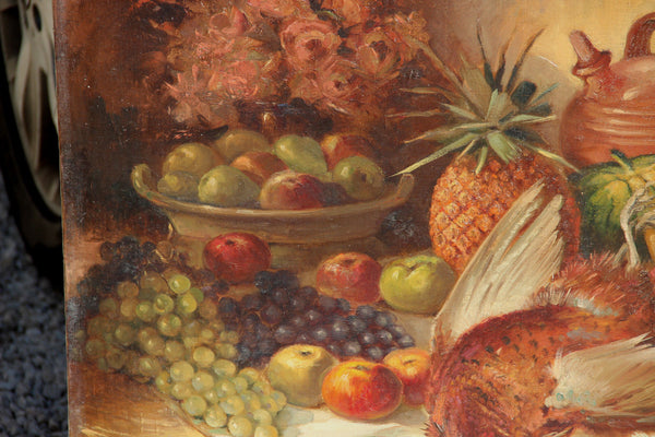 Flemish 1960 OIL CANVAS hunting still life Painting pheasant fruits Table