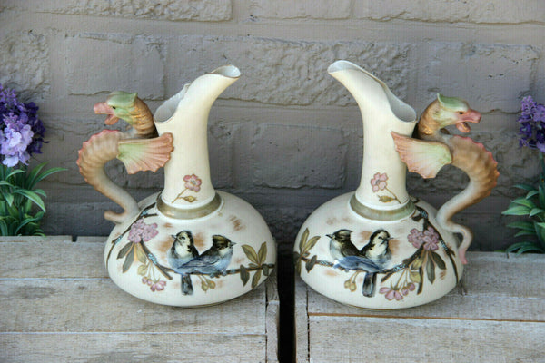 Antique pair austrian robert hanke porcelain marked Dragon birds vases pitcher