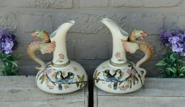 Antique pair austrian robert hanke porcelain marked Dragon birds vases pitcher