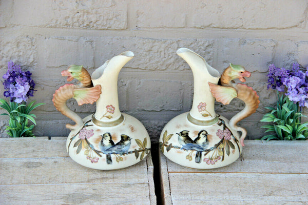 Antique pair austrian robert hanke porcelain marked Dragon birds vases pitcher