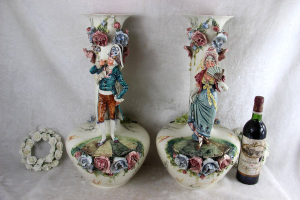 PAIR antique French barbotine majolica Victorian lady man figurine relief vases