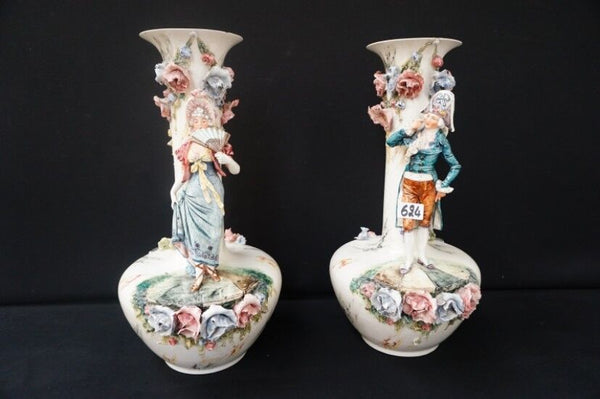 PAIR antique French barbotine majolica Victorian lady man figurine relief vases