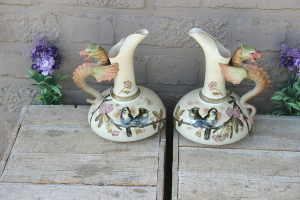 Antique pair austrian robert hanke porcelain marked Dragon birds vases pitcher