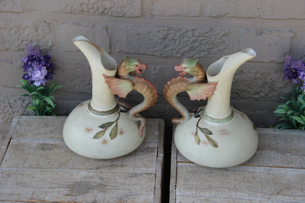 Antique pair austrian robert hanke porcelain marked Dragon birds vases pitcher