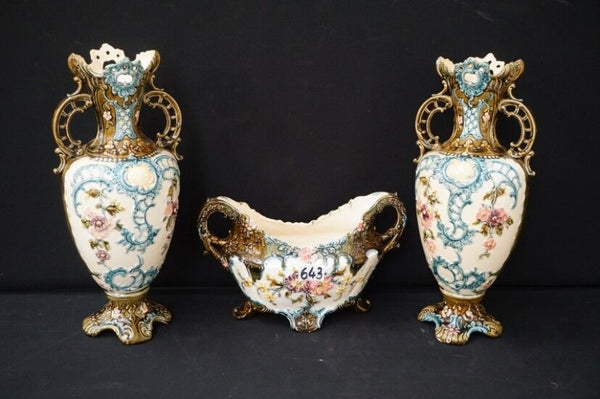 Antique French barbotine majolica Vases centerpiece set 1900 art nouveau