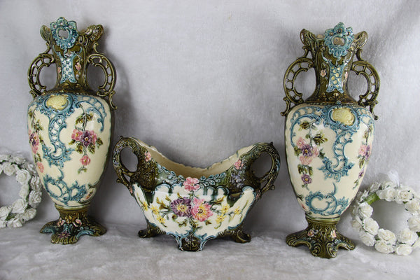 Antique French barbotine majolica Vases centerpiece set 1900 art nouveau