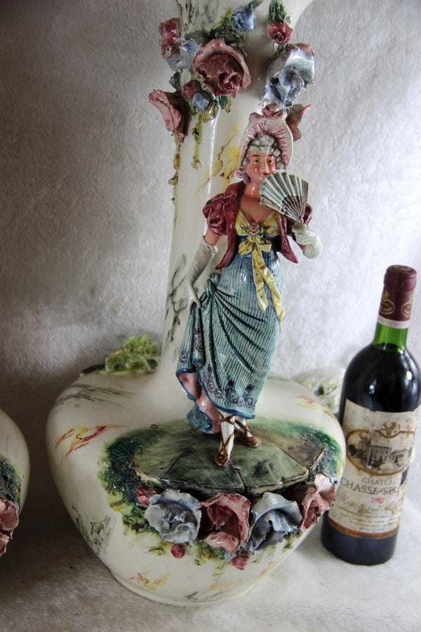 PAIR antique French barbotine majolica Victorian lady man figurine relief vases