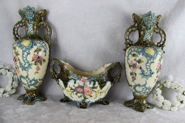 Antique French barbotine majolica Vases centerpiece set 1900 art nouveau