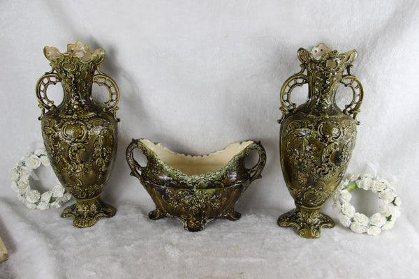 Antique French barbotine majolica Vases centerpiece set 1900 art nouveau