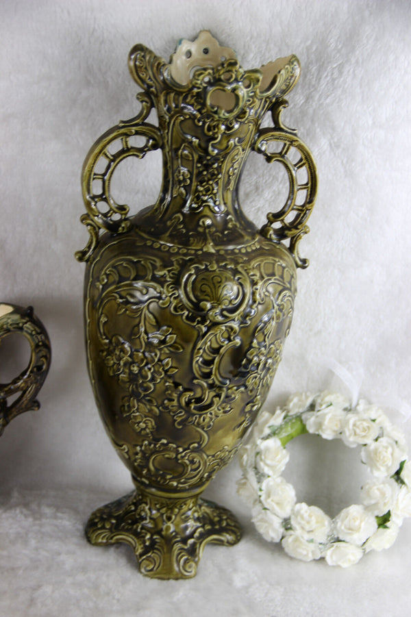 Antique French barbotine majolica Vases centerpiece set 1900 art nouveau