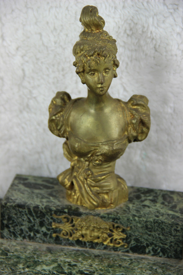 Antique art nouveau marble bronze P RIGUAL inkwell desk signed bust lady