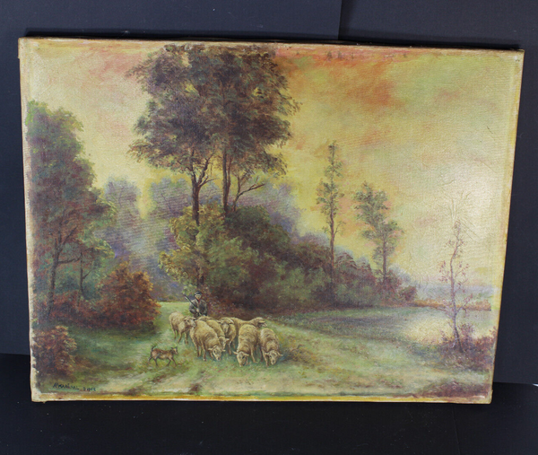 Vintage oil canvas painting sheperd dog sheep landscape signed 1962