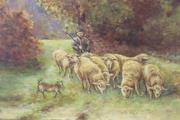 Vintage oil canvas painting sheperd dog sheep landscape signed 1962