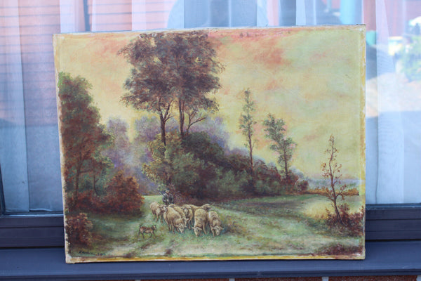 Vintage oil canvas painting sheperd dog sheep landscape signed 1962