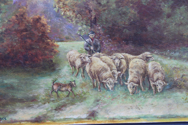 Vintage oil canvas painting sheperd dog sheep landscape signed 1962