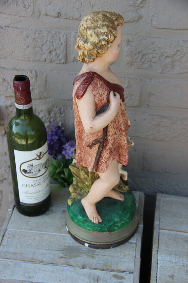 Antique French chalkware polychrome young john baptist Statue sheep religious