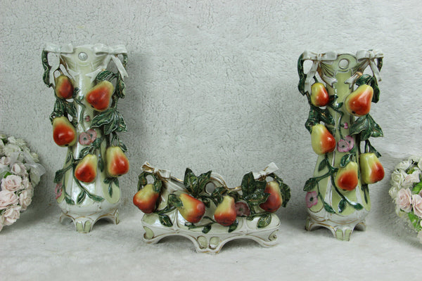 Antique art nouveau marked porcelain pear fruits relief vases mantel set