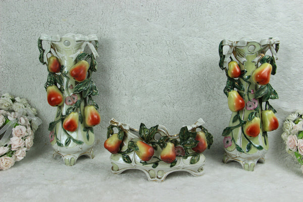 Antique art nouveau marked porcelain pear fruits relief vases mantel set