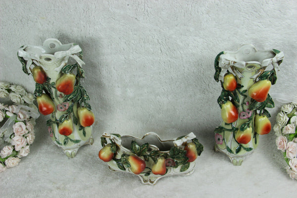 Antique art nouveau marked porcelain pear fruits relief vases mantel set