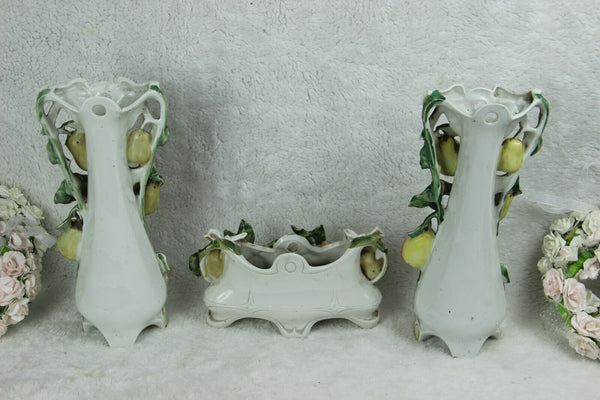 Antique art nouveau marked porcelain pear fruits relief vases mantel set