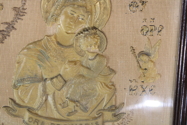 Antique religious embroidery wax our lady of perpetual help wall plaque