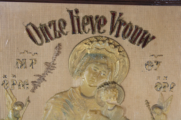 Antique religious embroidery wax our lady of perpetual help wall plaque