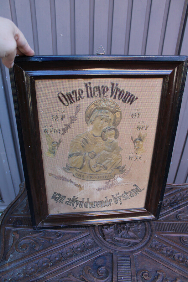 Antique religious embroidery wax our lady of perpetual help wall plaque