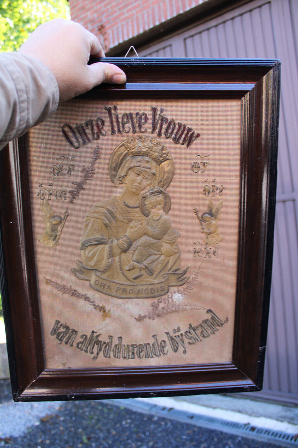 Antique religious embroidery wax our lady of perpetual help wall plaque