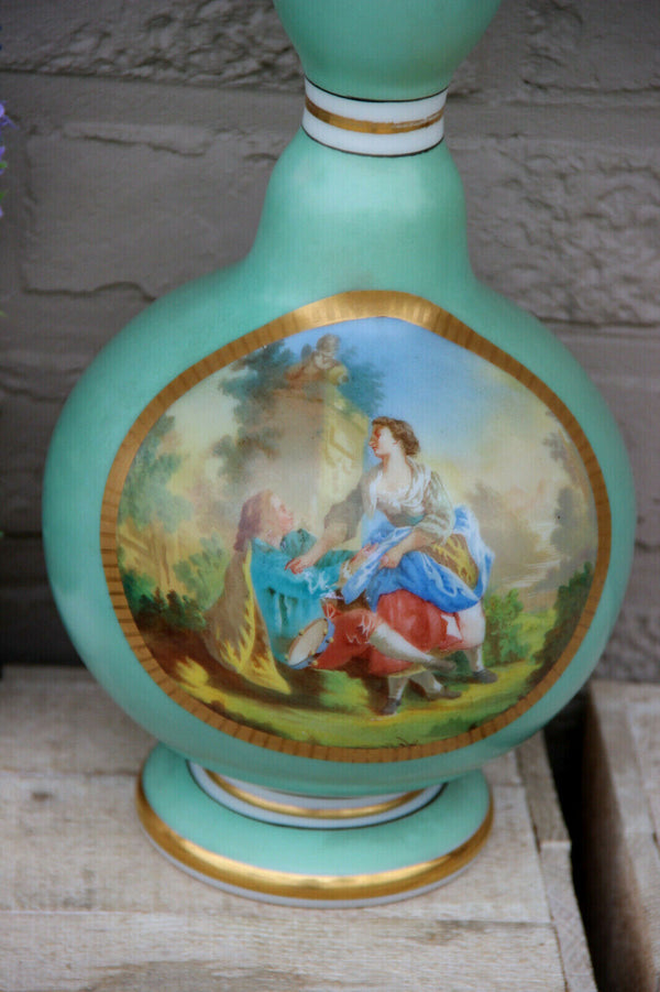 Antique French opaline glass ocean green romantic scene Vase