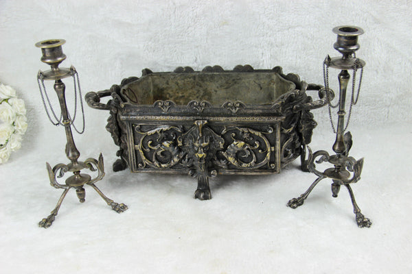 Antique 19thc Bronze Gothic castle dragon griffin Lion planter candle holder