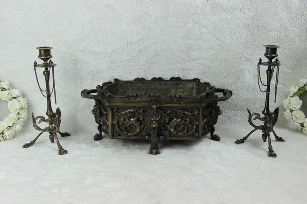 Antique 19thc Bronze Gothic castle dragon griffin Lion planter candle holder