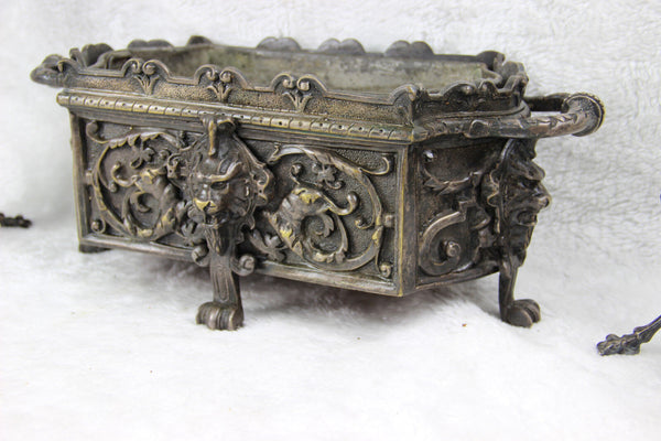 Antique 19thc Bronze Gothic castle dragon griffin Lion planter candle holder