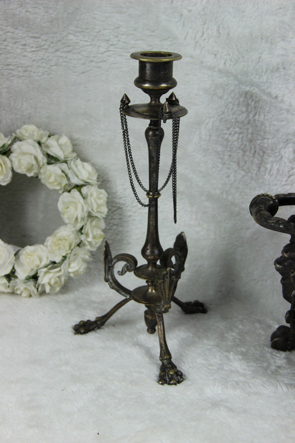 Antique 19thc Bronze Gothic castle dragon griffin Lion planter candle holder