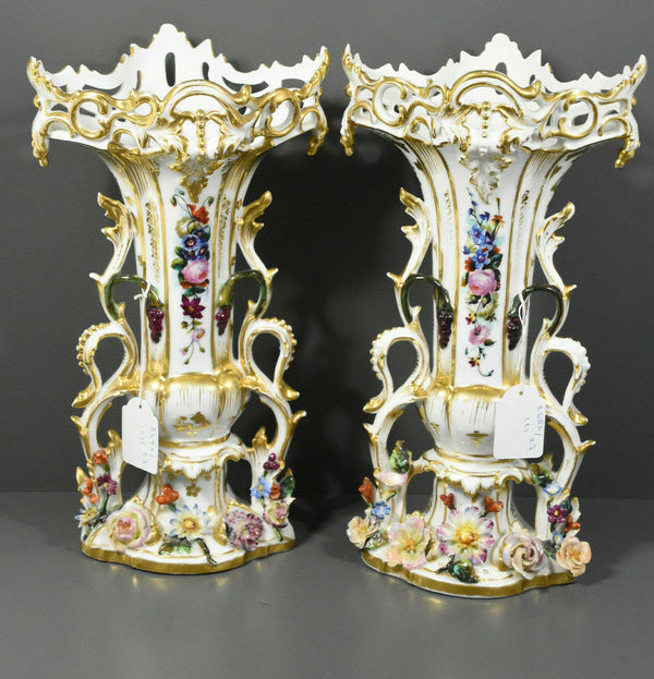 Top antique Vieux paris porcelain FRench vases Floral relief decor attr. petit