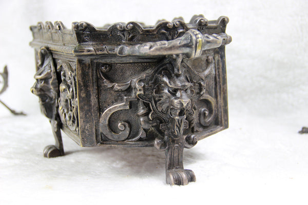 Antique 19thc Bronze Gothic castle dragon griffin Lion planter candle holder