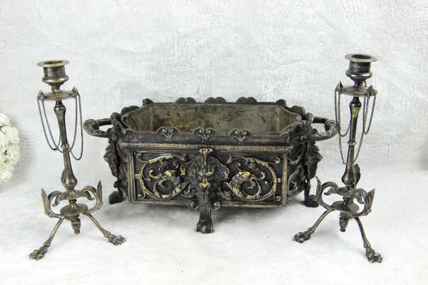 Antique 19thc Bronze Gothic castle dragon griffin Lion planter candle holder