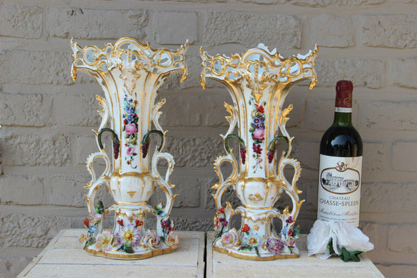 Top antique Vieux paris porcelain FRench vases Floral relief decor attr. petit