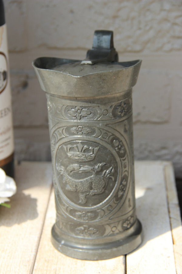 Antique 18thc very old FLEMISH pewter jug marked gothic castle animal