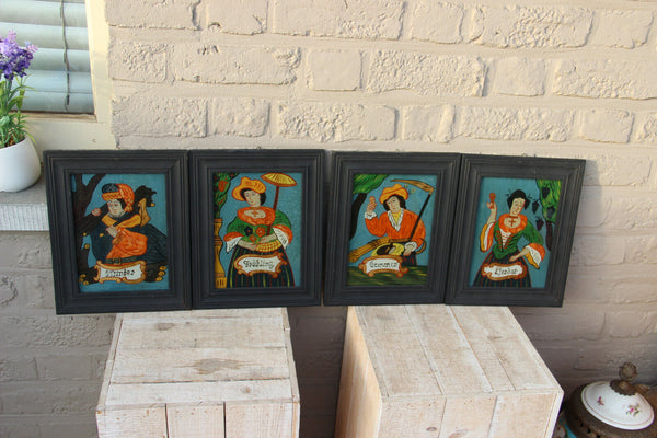 Set 4 German Eglomise reversed glass painting 4 seasons wood framed 1960