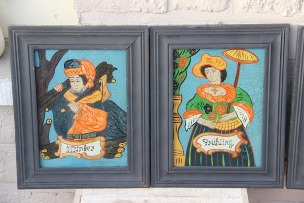 Set 4 German Eglomise reversed glass painting 4 seasons wood framed 1960