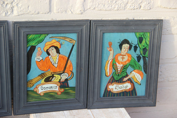 Set 4 German Eglomise reversed glass painting 4 seasons wood framed 1960