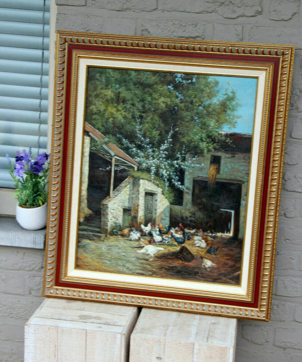 Gorgeous Flemish oil canvas painting Chicken family Farm stable signed