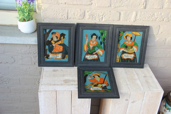 Set 4 German Eglomise reversed glass painting 4 seasons wood framed 1960