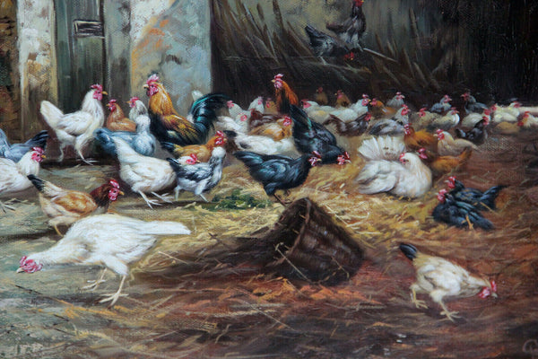 Gorgeous Flemish oil canvas painting Chicken family Farm stable signed