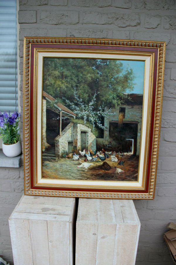 Gorgeous Flemish oil canvas painting Chicken family Farm stable signed