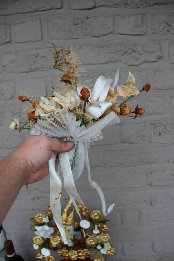 Antique Victorian Bridal wedding dome inside Flower bouquet bisque porcelain