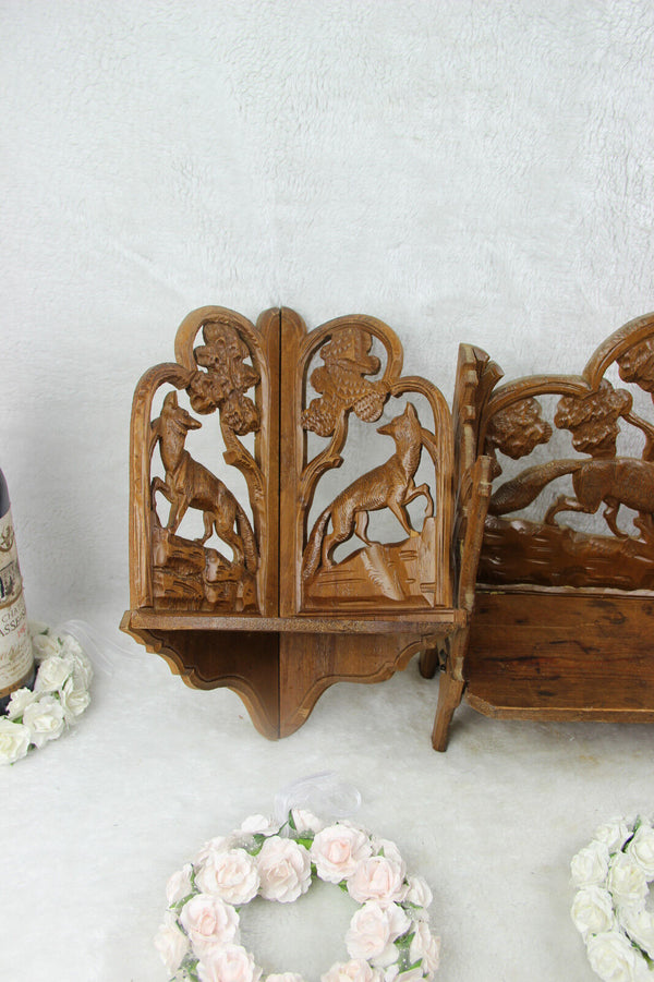 Set of 3 black forest wood carved wall shelf console hunting dog deer 1960