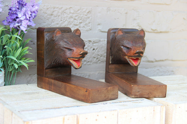 PAIR black forest German wood carved bear bookends rare